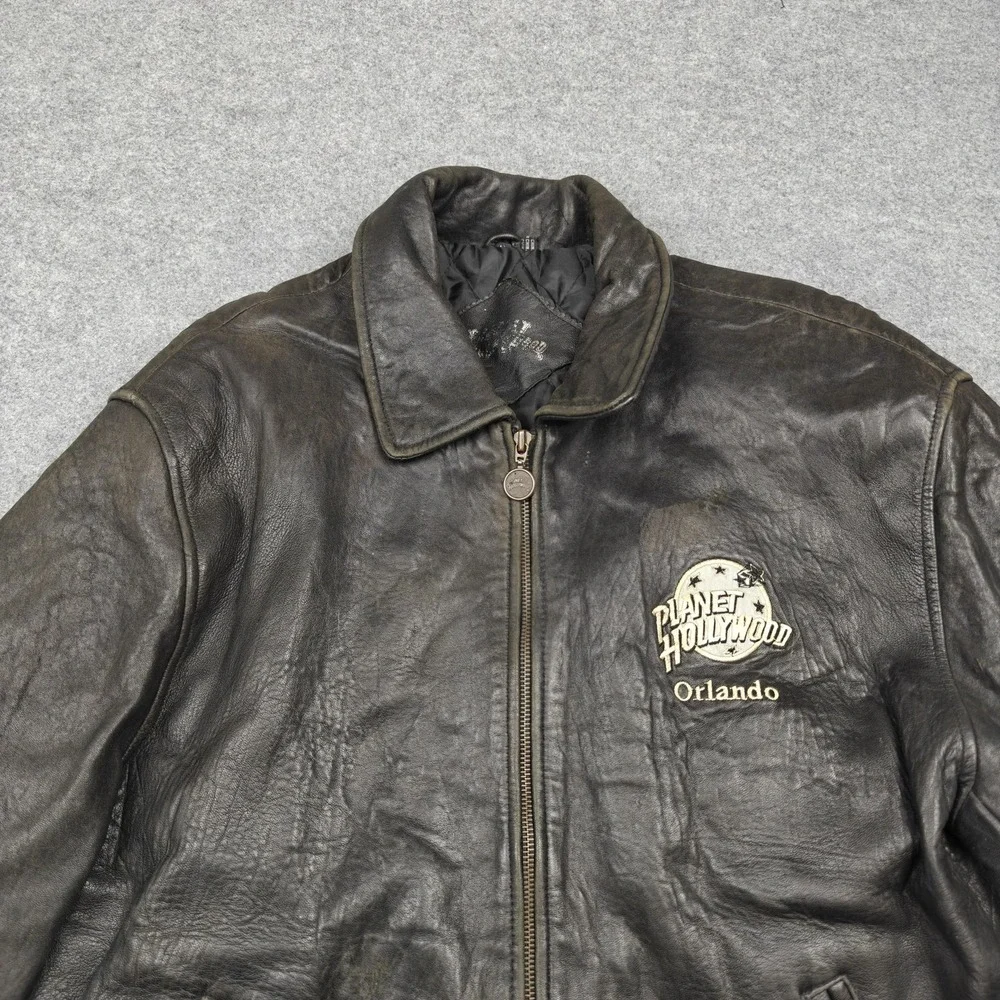Vintage Planet Hollywood Jacket Mens‎ Medium Black Leather Orlando Back Logo